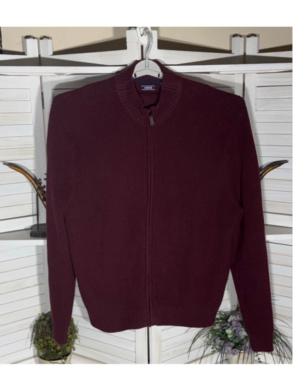 Izod vintage cardigan burgundy cotton full zip golf preppy academia minimalist